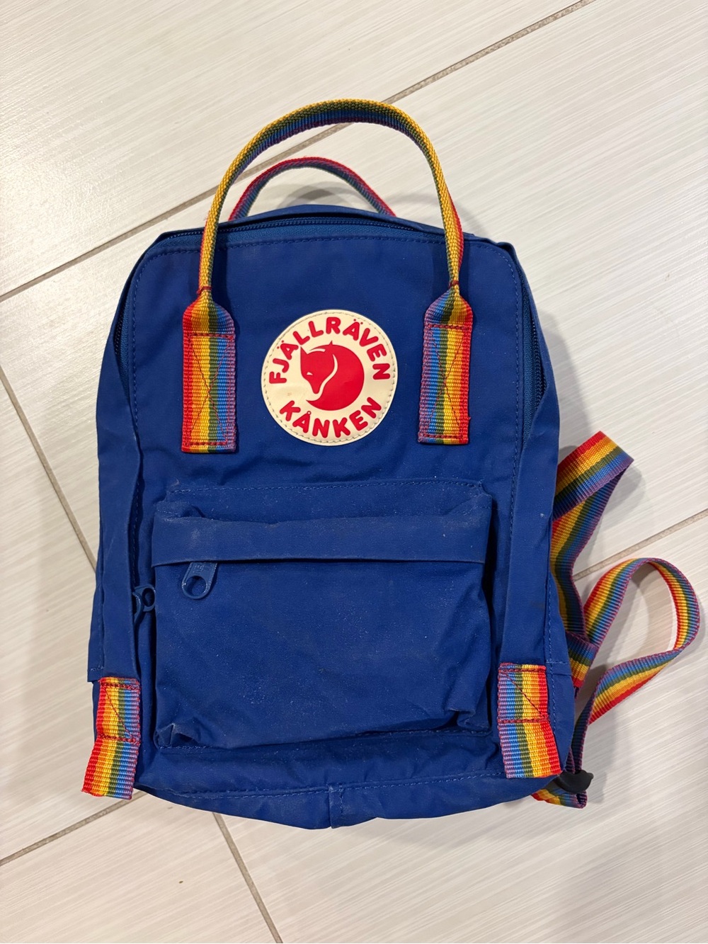 Vintage Fjallraven Kanken Mini Royal Blue Backpack with Rainbow Straps